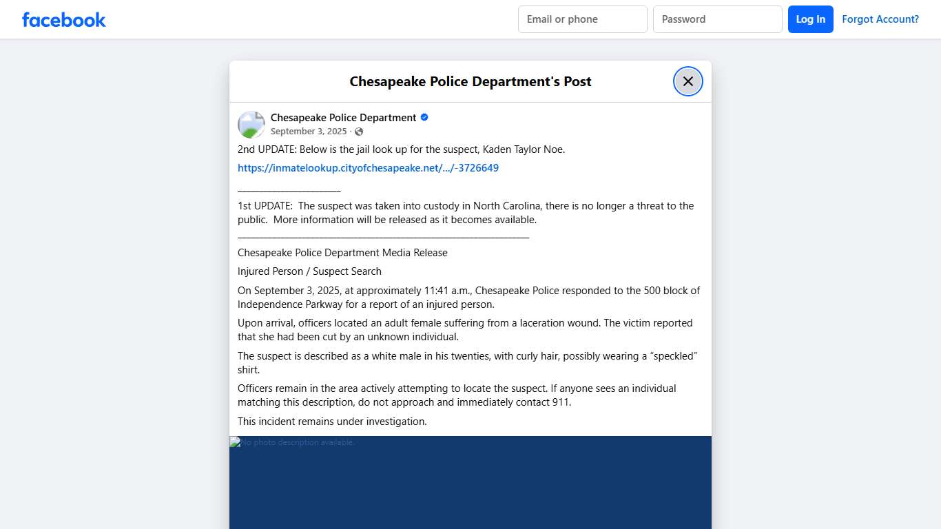 2nd UPDATE: Below is the... - Chesapeake Police Department Facebook